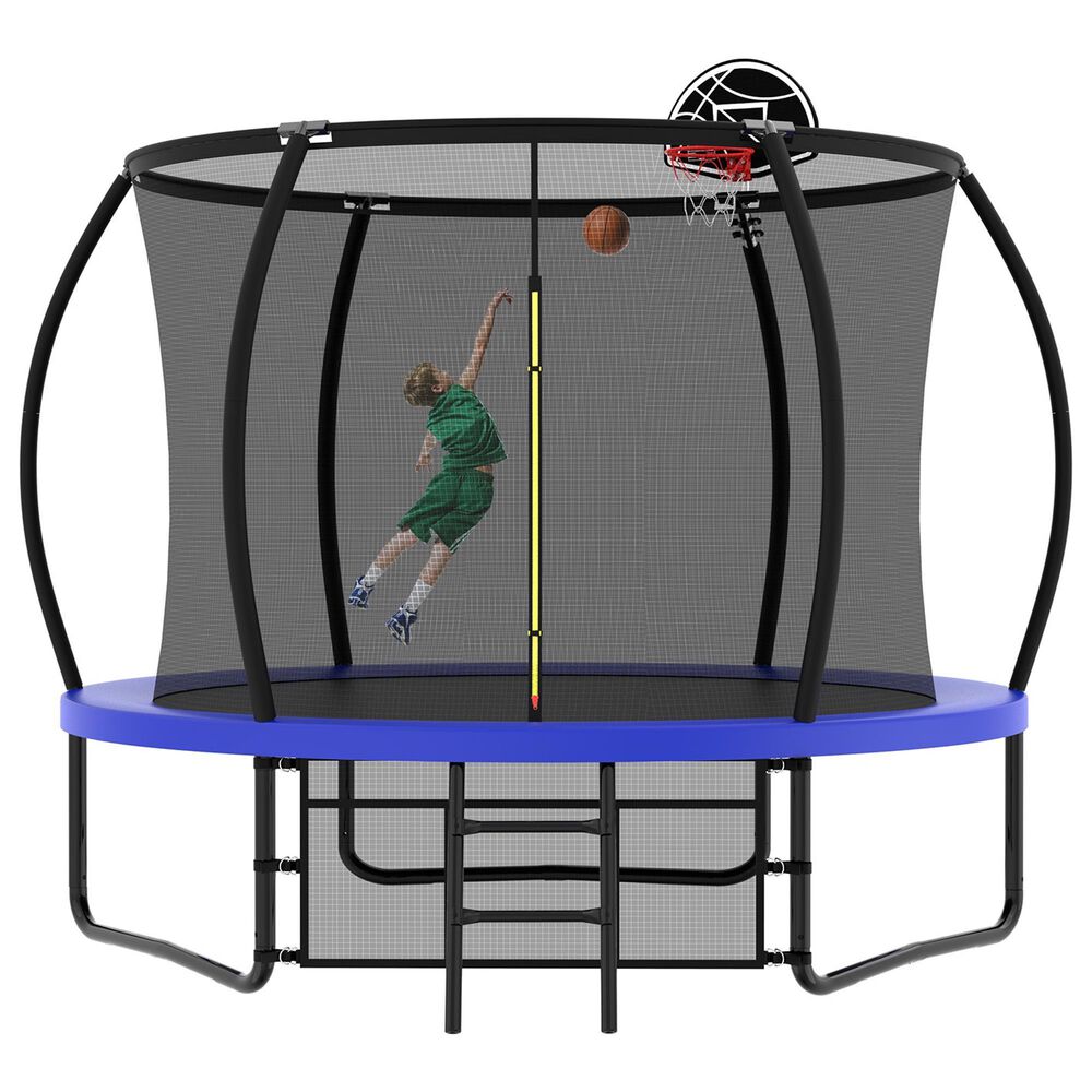 HOMLUX 10' Outdoor Trampoline with Basketball Hoop in Blue, , large