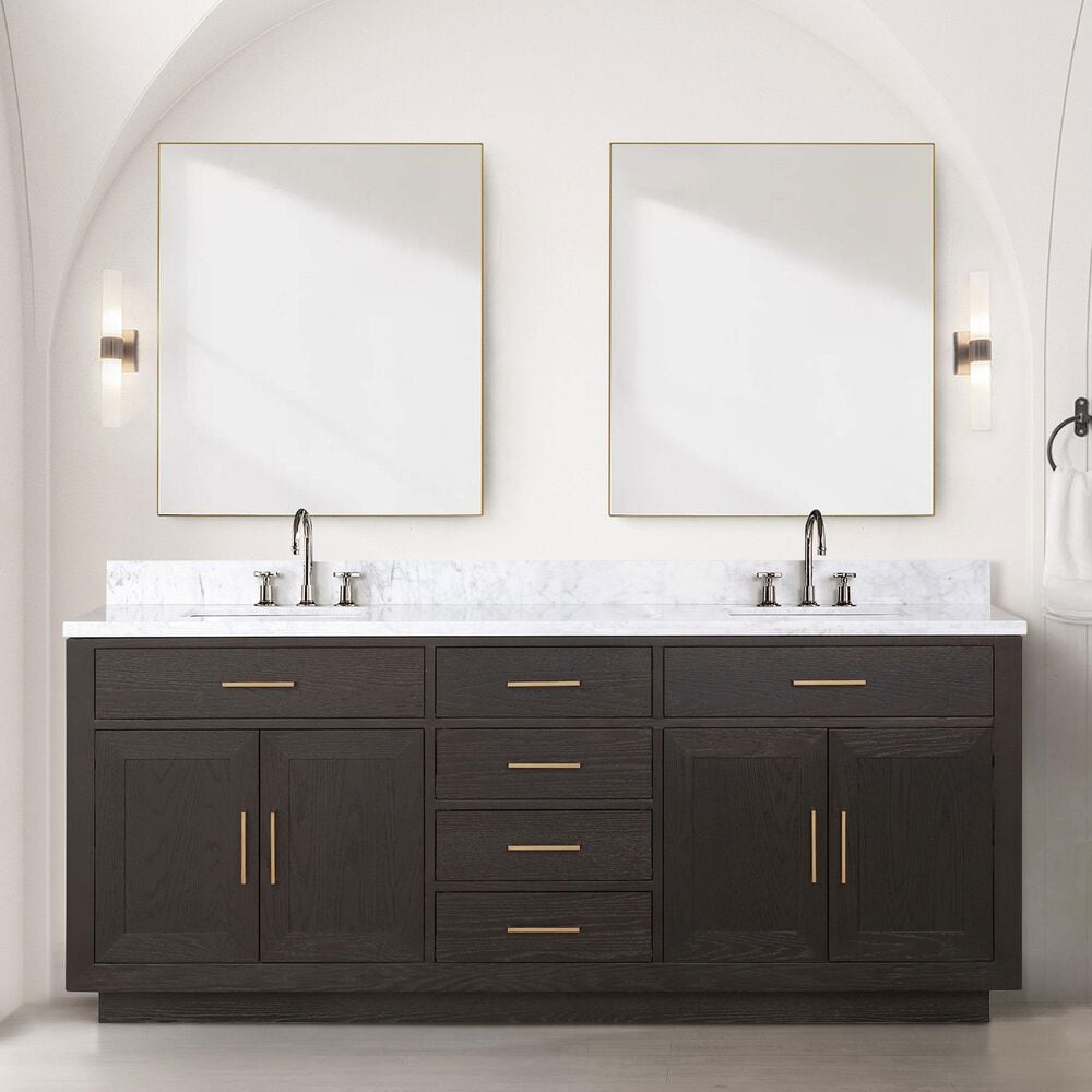 Lexora Home Abbey 80&quot; Double Bathroom Vanity in Brown Oak with 2 cm White Carrara Marble Top and Rectangular Sinks, , large