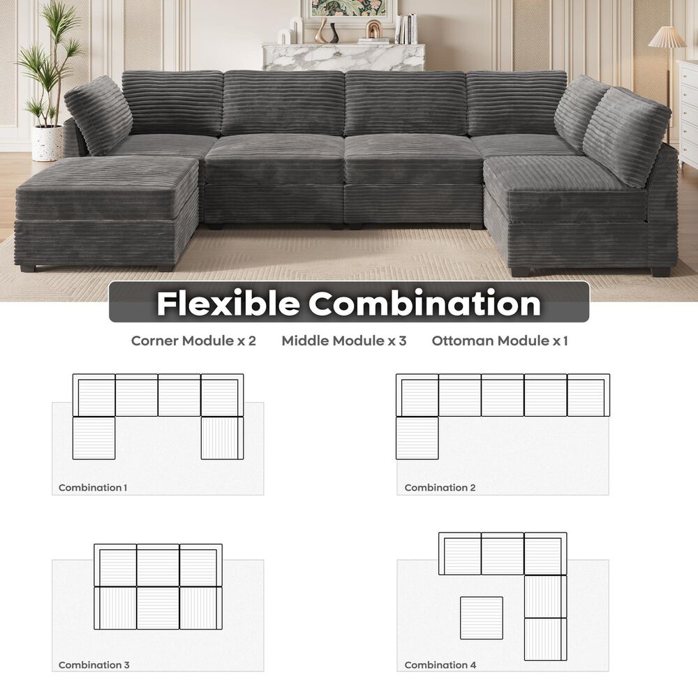 HOMLUX 6-Piece Mod Sectional with Chaise in Gray, , large
