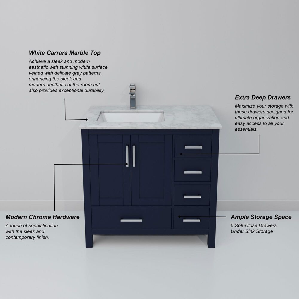 Lexora Home Jacques 36" Left Offset Single Bathroom Vanity in Navy Blue with 2 cm White Carrara Marble Top and Rectangular Sink, , large