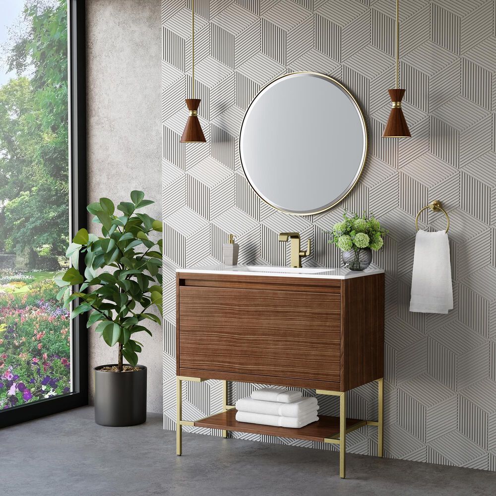 James Martin Vanities Mantova 35.4&quot; Single Vanity in Mid-Century Walnut and Champagne Brass with 3 cm Glossy White Composite Stone Top and Rectangular Sink, , large