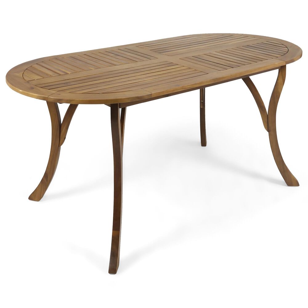Hearth and Haven 70" Outdoor Oval Dining Table with Slatted Tabletop and Curved Y-Shaped Legs in Teak, , large