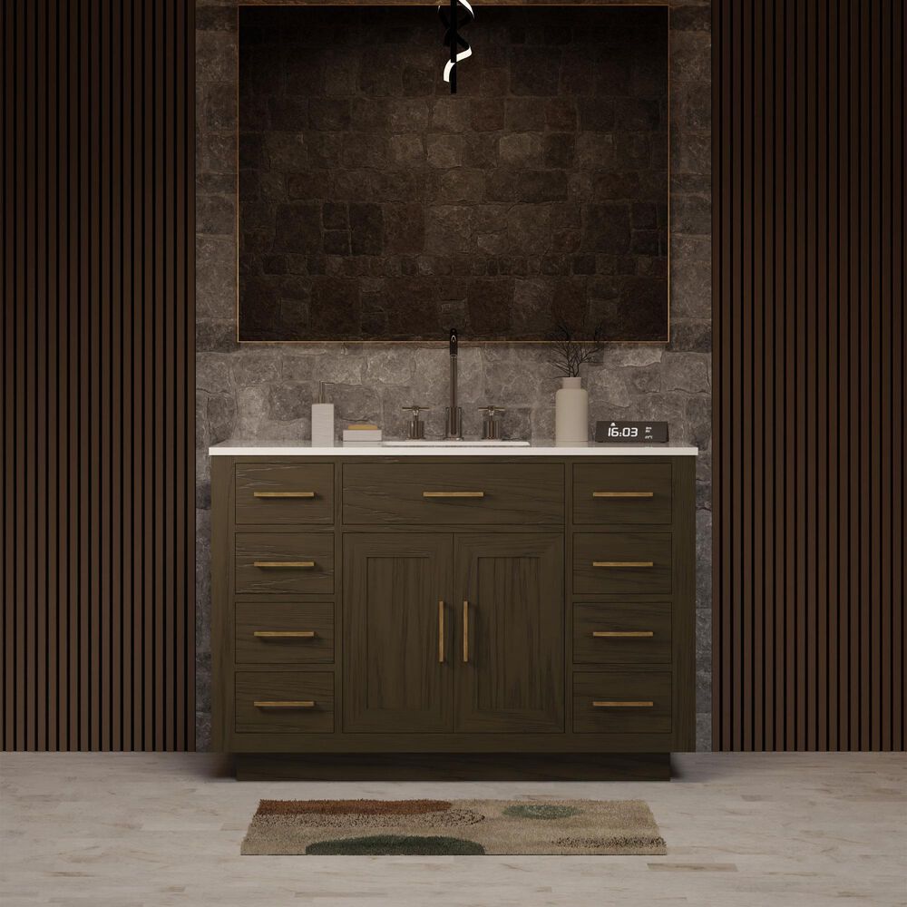 Lexora Home Abbey 48&quot; Single Bathroom Vanity in Brown Oak with 2 cm White Quartz Top and Rectangular Sink, , large