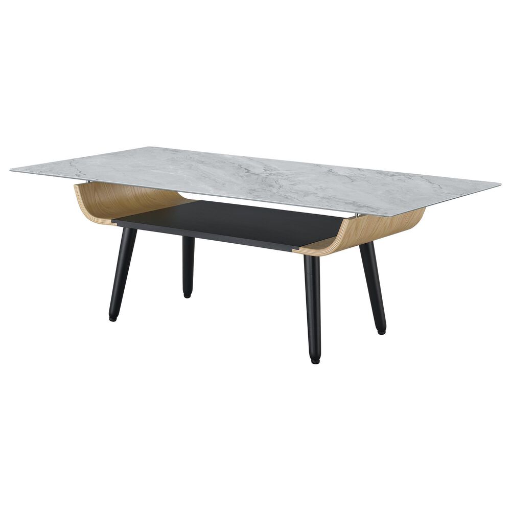HOMLUX 47" Coffee Table with Marble Glass Top in Gray and Black, , large