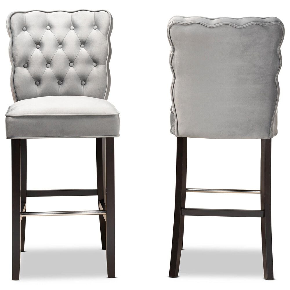Baxton Studio Daphne Bar Stool with Dark Grey Velvet Cushion in Dark Brown (Set of 2), , large