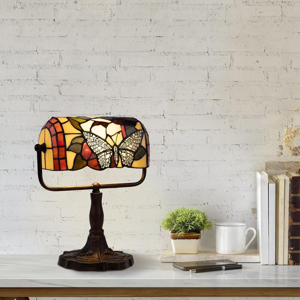 Timberlake Lavish Home Tiffany Bankers Lamp in Stained Glass with Butterfly, , large