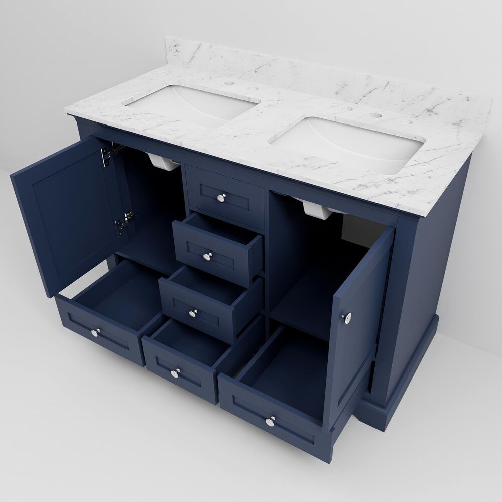 Lexora Home Dukes 48" Double Bathroom Vanity in Navy Blue with 2 cm White Carrara Marble Top and Rectangular Sinks, , large