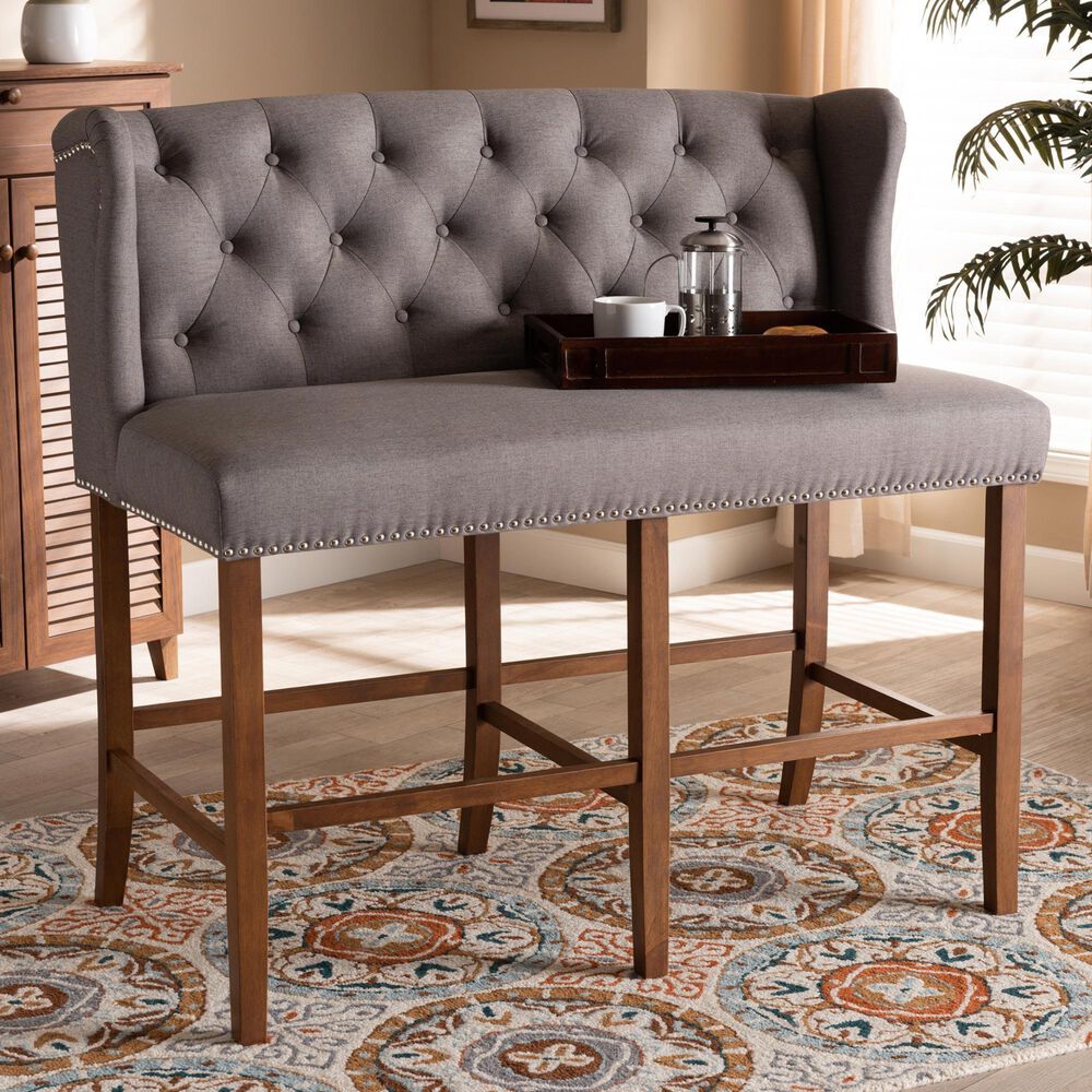 Baxton Studio Alira Bar Stool Bench with Grey Cushion in Walnut, , large