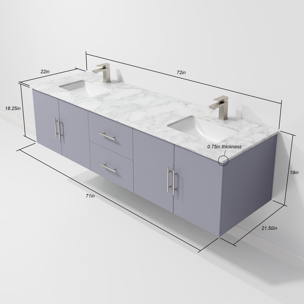 Lexora Home Geneva 72" Double Bathroom Vanity in Dark Grey with 2 cm White Carrara Marble Top and Rectangular Sinks, , large