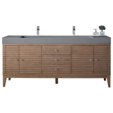 James Martin Linear 72" Double Bathroom Vanity in Whitewashed Walnut with 10 cm Dark Gray Solid Surface Top and Rectangular Sinks, , large