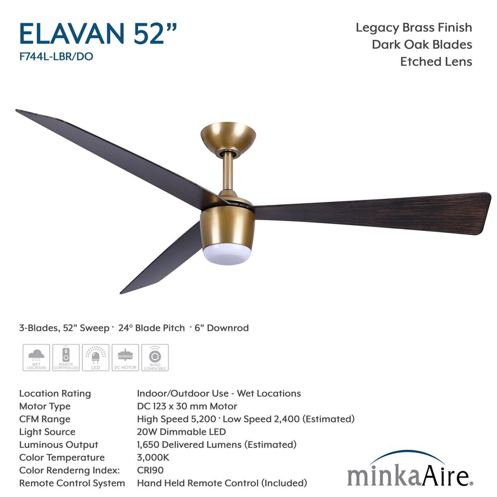 Minka-Aire Elavan 52" Indoor/Outdoor Ceiling Fan with LED Light in Legacy Brass, , large