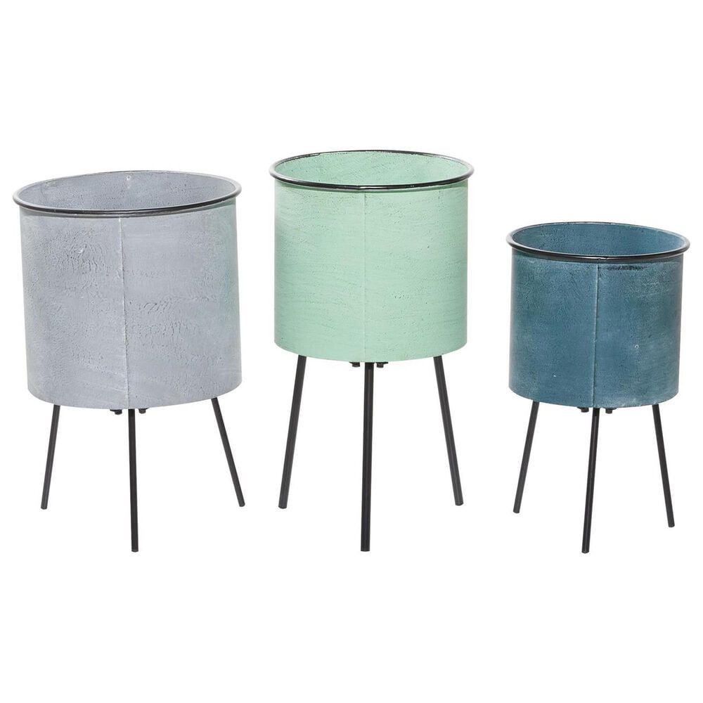 Maple and Jade Flowers and Garden Text Planter in Whitewashed Blue, Green and Gray &#40;Set of 3&#41;, , large
