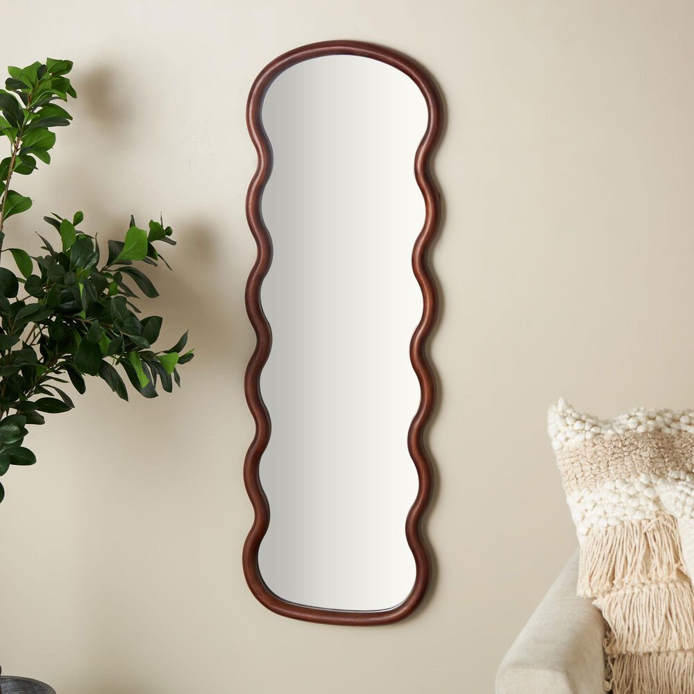 Maple and Jade 47&quot; Wood Abstract Wavy Wall Mirror in Dark Brown, , large