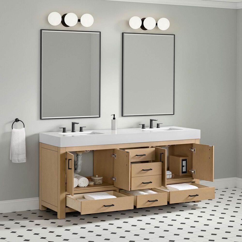 37B Alanya 72" Double Bathroom Vanity in Warm Oak with White Composite Stone Top, , large