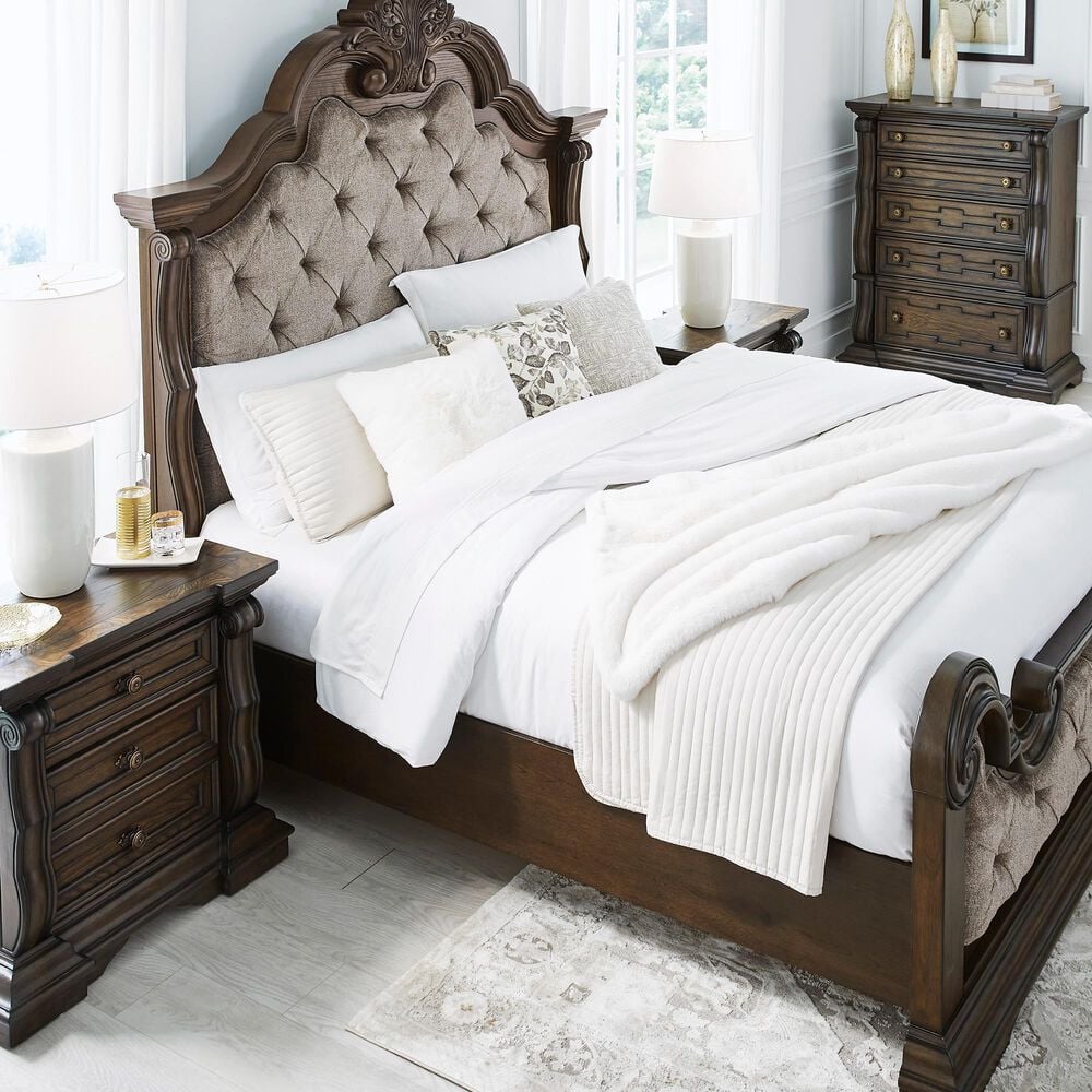 Millenium Maylee King Upholstered Bed and Two Nightstands in Dark Brown, , large