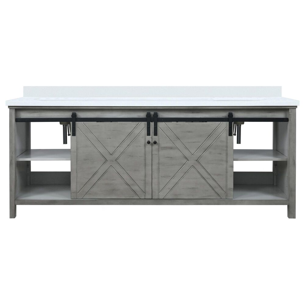 Lexora Home Marsyas 84&quot; Double Bathroom Vanity in Ash Grey with 2 cm White Cultured Marble Top and Rectangular Sinks, , large