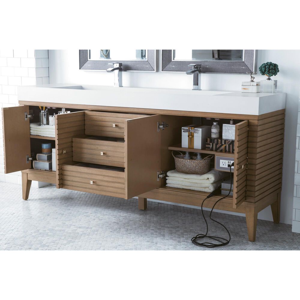James Martin Vanities Linear 72&quot; Double Bathroom Vanity in Whitewashed Walnut with 10 cm Glossy White Solid Surface Top and Rectangular Sinks, , large