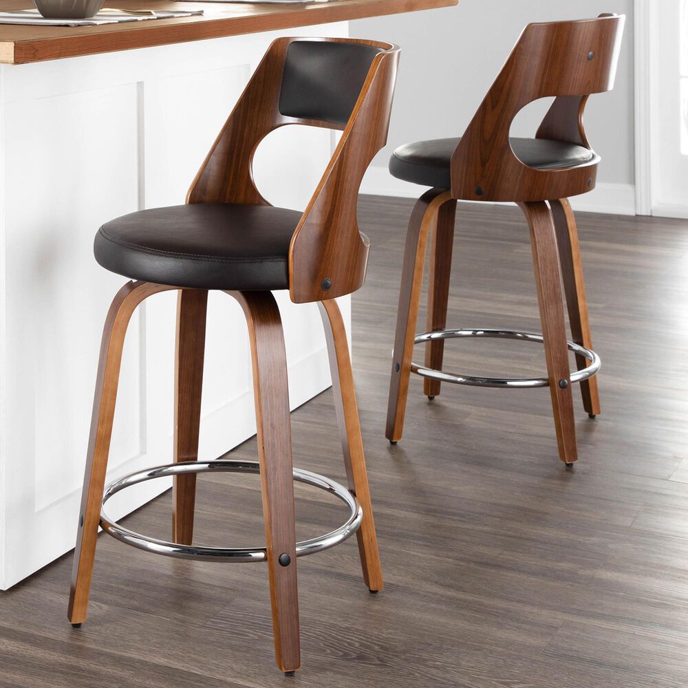 Lumisource Cecina Swivel Counter Stool with Brown Cushion in Walnut and Chrome &#40;Set of 2&#41;, , large
