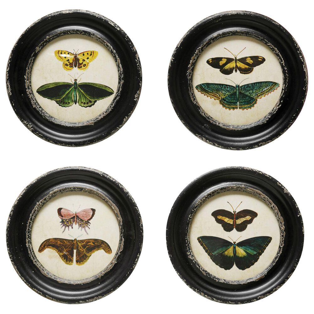 Creative Coop 9.5" Round Moth and Butterfly Wall Art in Distressed Black, Green, Yellow, Pink, Blue and Brown (Set of 4), , large