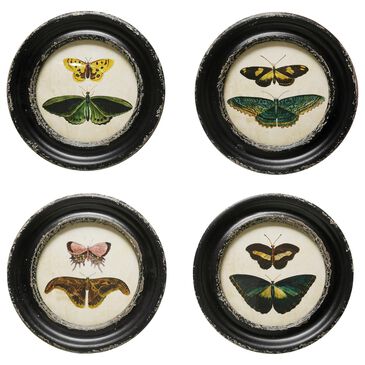 Creative Coop 9.5" Round Moth and Butterfly Wall Art in Distressed Black, Green, Yellow, Pink, Blue and Brown (Set of 4), , large