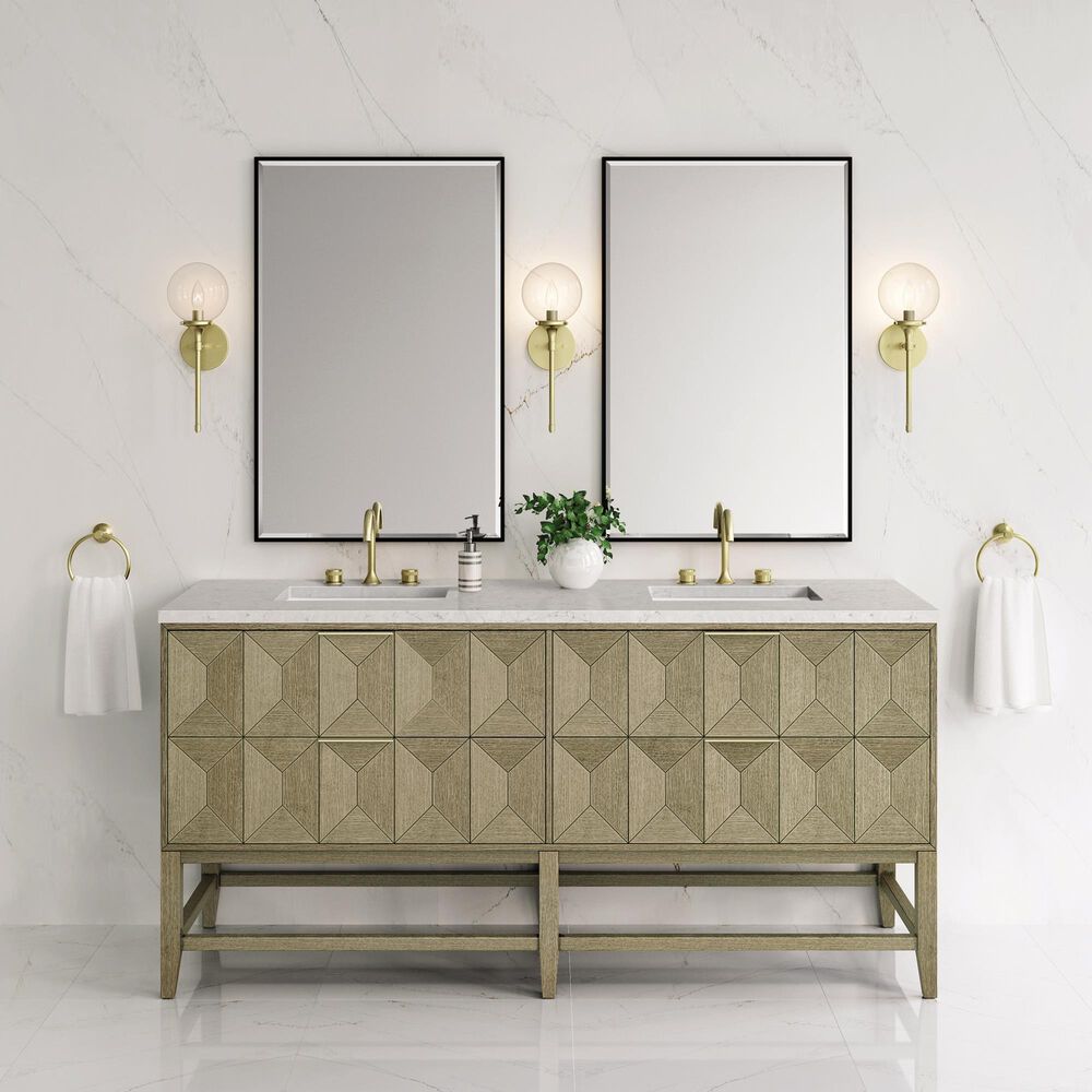 James Martin Vanities Emmeline 72" Double Bathroom Vanity in Pebble Oak with 3 cm Eternal Jasmine Pearl Quartz Top and Rectangular Sinks, , large