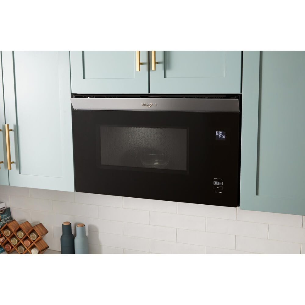 Whirlpool 2-Piece Kitchen Package with Black Stainless 5 Cu. Ft. Smart Electric Range and Fingerprint Resistant Stainless Steel 1.1 Cu. Ft. Flush Mount Microwave, , large