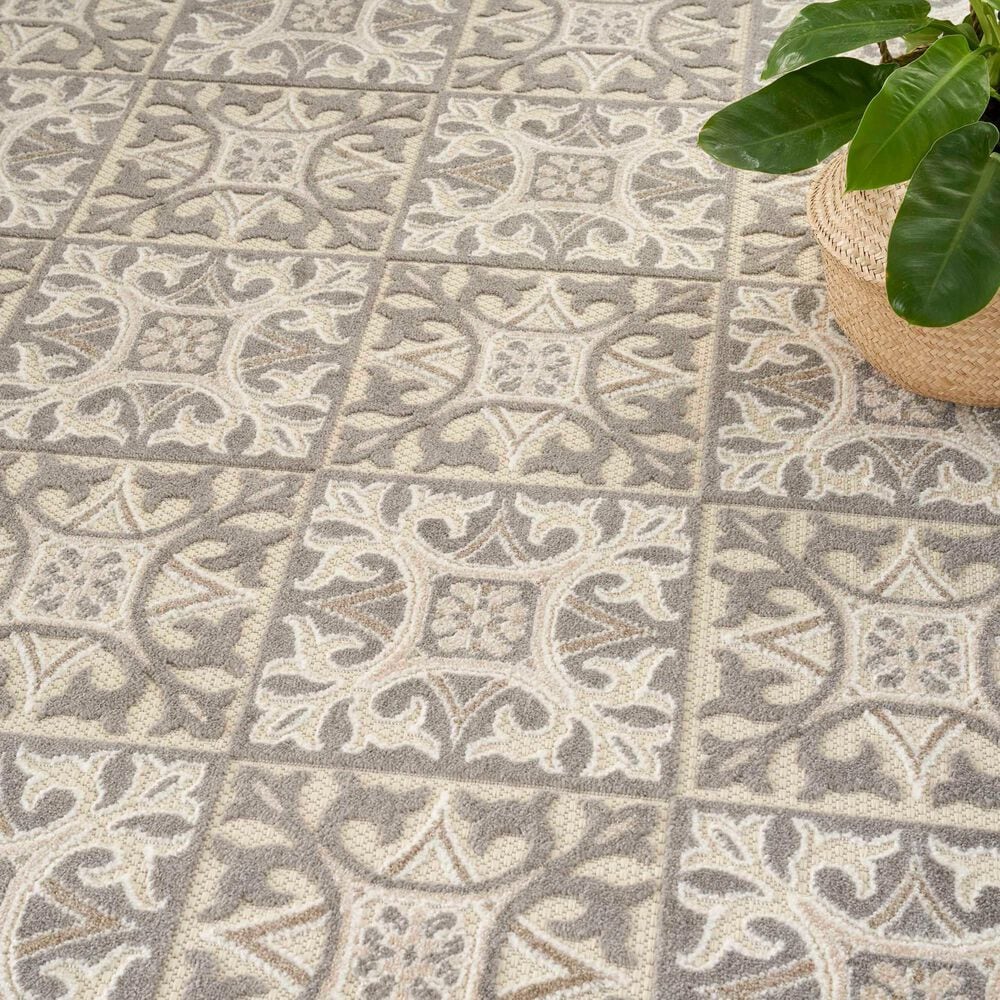 Nourison Aloha Damask 7&#39;10&quot; x 10&#39;6&quot; Ivory and Grey Indoor/Outdoor Area Rug, , large