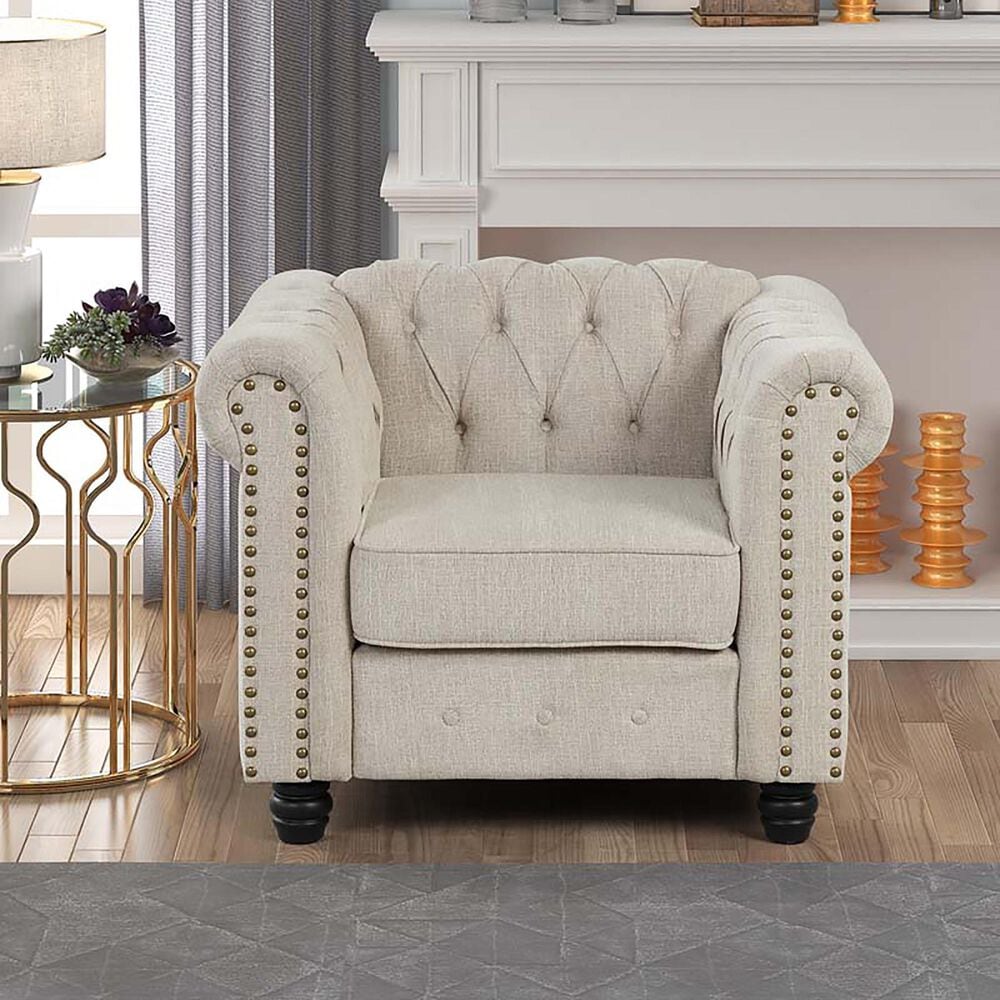 Morden Fort Chesterfield 2-Piece Stationary Linen Chair and Sofa Set in Beige, , large