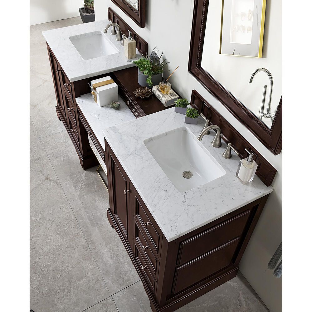 James Martin De Soto 82" Double Bathroom Vanity in Burnished Mahogany with 3 cm Carrara White Marble Top, , large