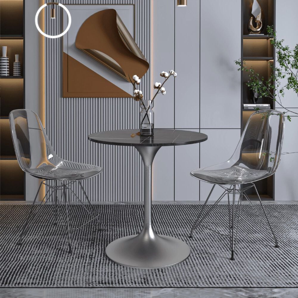 Leisuremod LeisureMod Verve Collection 27 Round Dining Table, Brushed Chrome Base with Sintered Stone Black Top, , large
