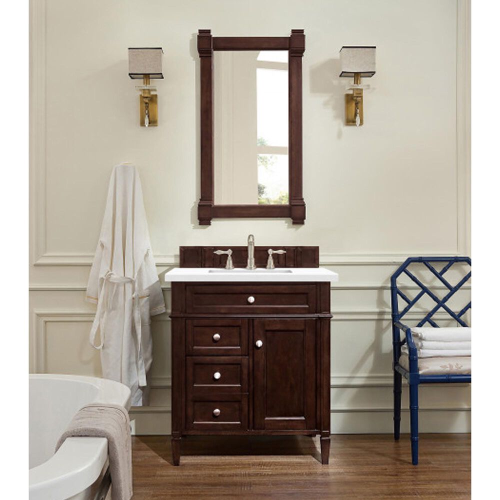 James Martin Vanities Brittany 30" Single Bathroom Vanity in Burnished Mahogany with 3 cm White Zeus Quartz Top and Rectangular Sink, , large