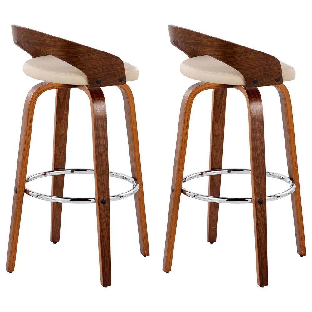 LumiSource Grotto 30" Swivel Barstool with Cream Faux Leather Upholstery in Walnut and Chrome (Set of 2), , large