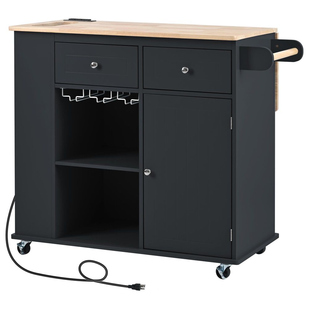 HOMLUX Kitchen Island with Power Outlet and Drop Leaf in Black, , large