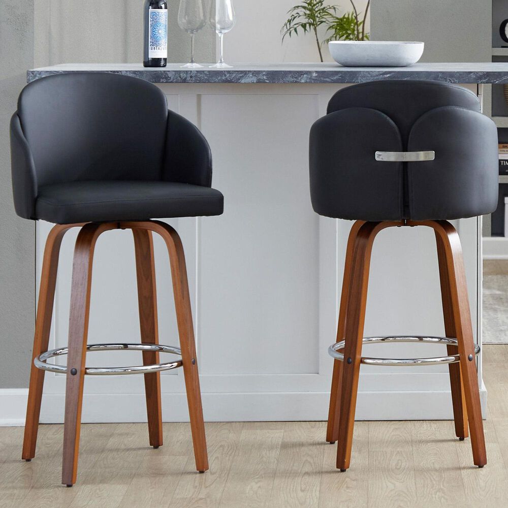 LumiSource Dahlia Swivel Bar Stool with Black Upholstery in Walnut and Chrome (Set of 2), , large