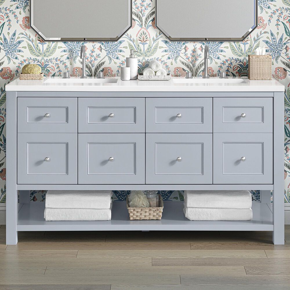 James Martin Vanities Breckenridge 60" Double Bathroom Vanity in Serenity Blue with 3 cm White Zeus Quartz Top and Rectangular Sinks, , large