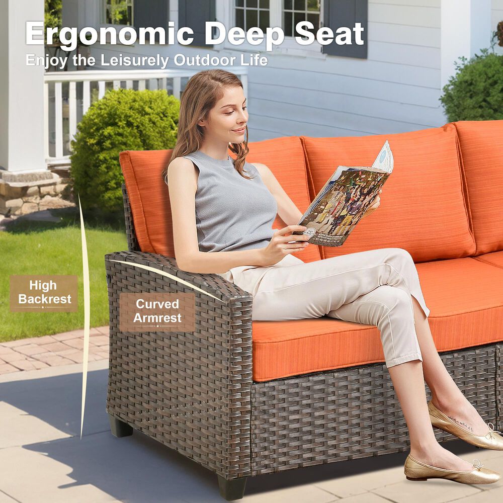 HOMLUX 6-Piece Patio Conversation Set with 42" Fire Pit Table and Light Brown Wicker in Orange Red, , large