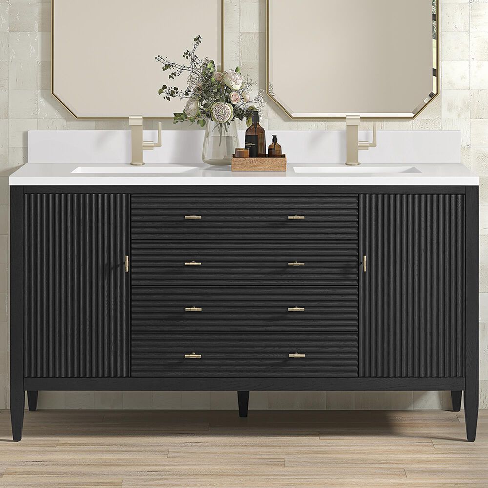 James Martin Vanities Myrrin 60" Double Vanity in Carbon Oak with Single Hole and 3 cm White Zeus Quartz Top &amp; Backsplash, , large