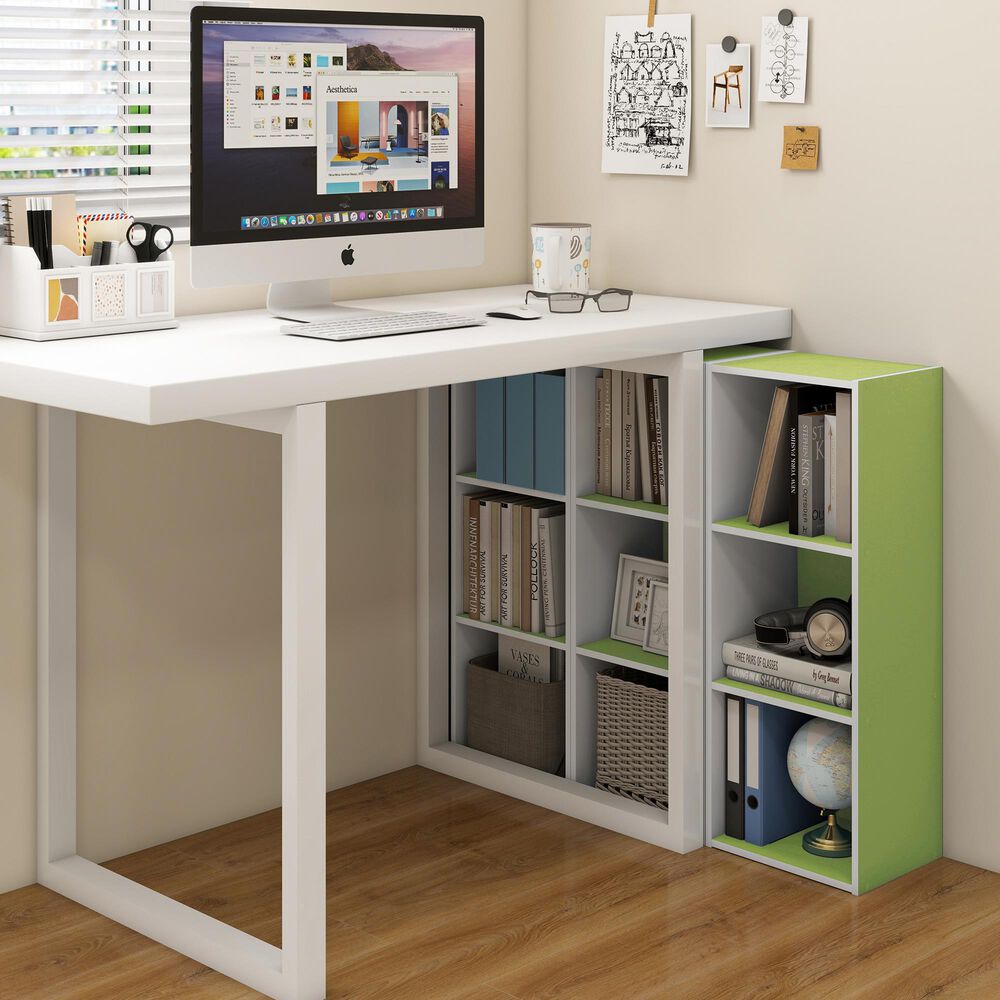 HOMLUX 3-Tier Bookcase with Decorative Open Shelves in White and Green, , large