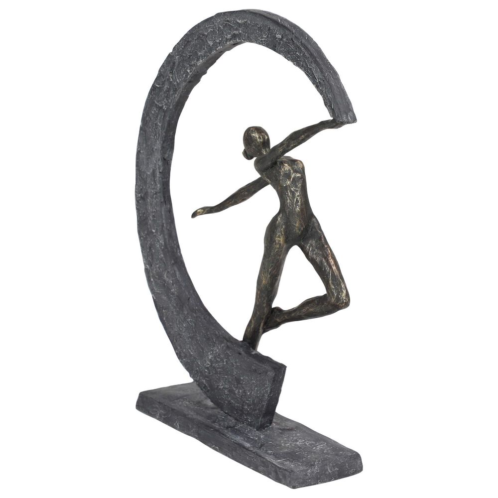 Maple and Jade 15&quot; x 12&quot; Resin Dancer and Crescent Moon Shaped Sculpture in Dark Gray and Gold, , large