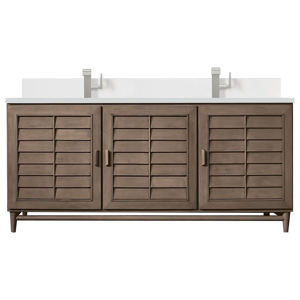 James Martin Vanities Portland 72" Double Bathroom Vanity in Whitewashed Walnut with Single Hole 3 cm White Zeus Quartz Top and Rectangular Sinks, , large