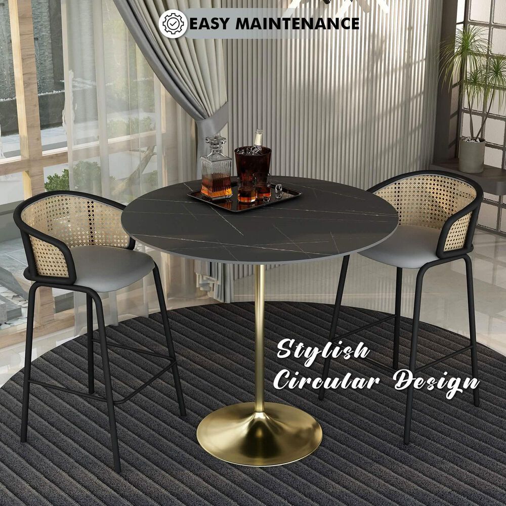 Leisuremod LeisureMod Verve Collection Modern Bar Height Table Brushed Gold Base with 48 Round Black Marbelized Sintered Stone Top, , large