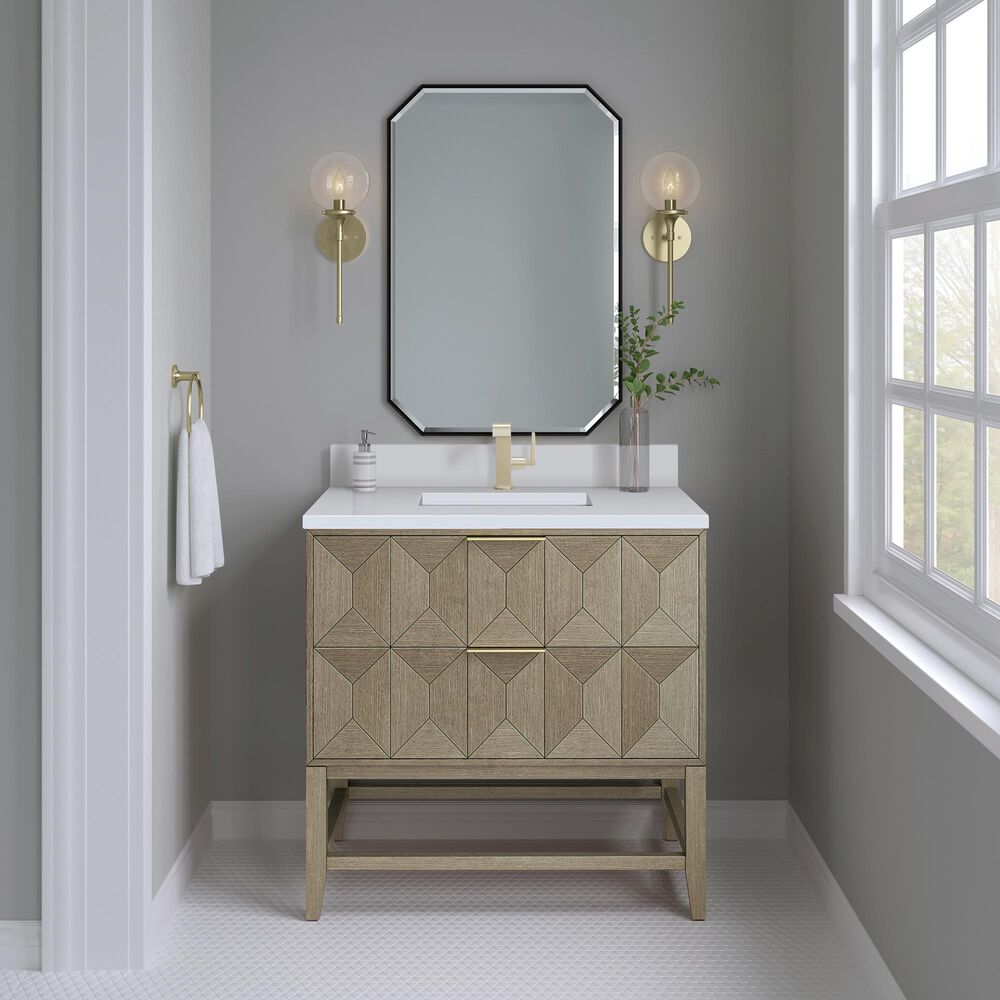 James Martin Vanities Emmeline 36" Single Bathroom Vanity in Pebble Oak with Single Hole 3 cm White Zeus Quartz Top and Rectangular Sink, , large