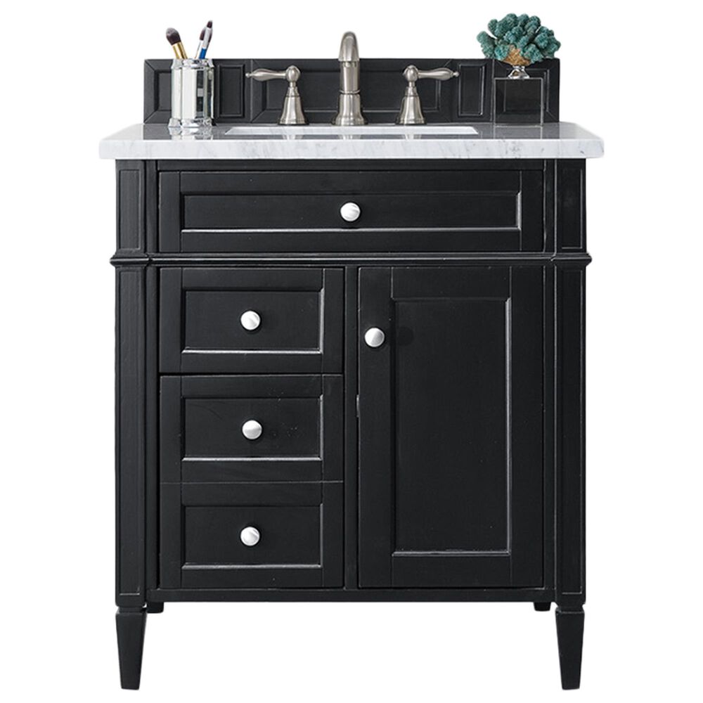 James Martin Vanities Brittany 30" Single Bathroom Vanity in Black Onyx with 3 cm Carrara White Marble Top and Rectangle Sink, , large