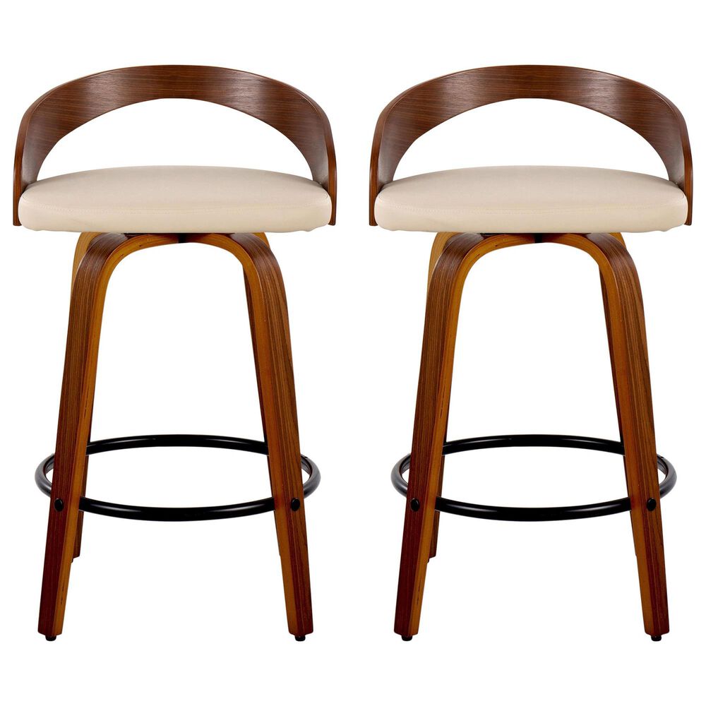 LumiSource Grotto 26" Swivel Counter Stool with Cream Faux Leather Upholstery in Walnut and Black (Set of 2), , large