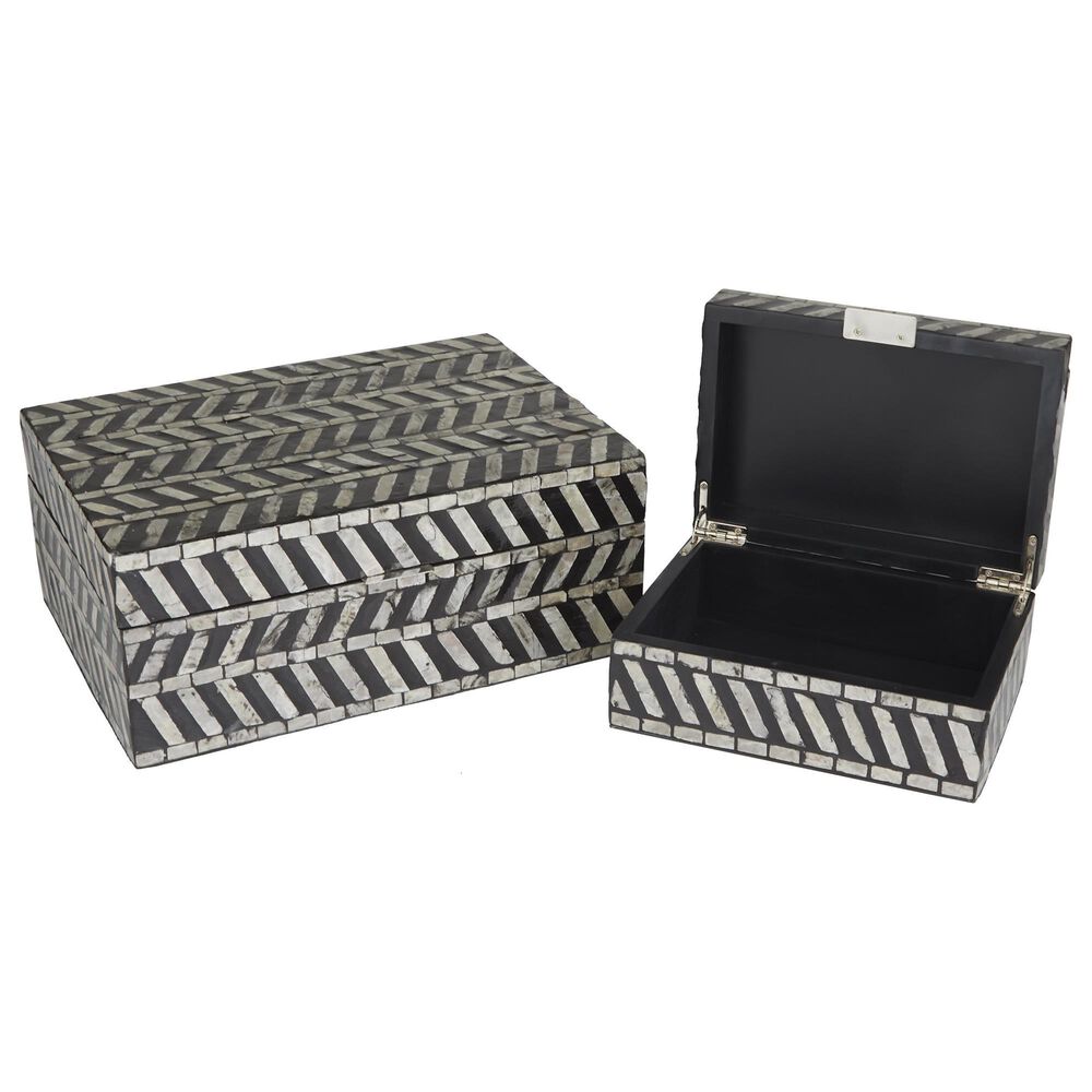 Maple and Jade 2-Piece Handmade Chevron Pattern Decorative Box Set in Polished Gray and Black, , large