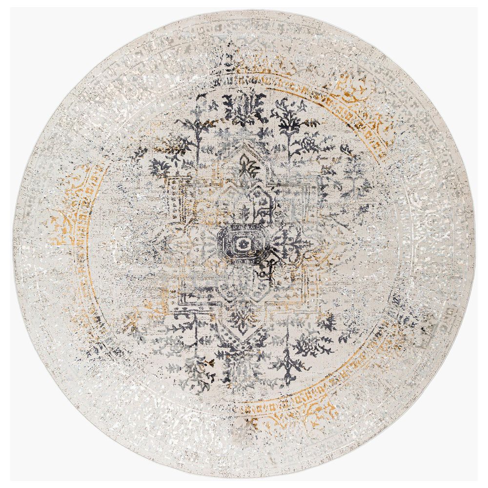 Surya Aisha 7"10" Round Charcoal, Gray, Mustard and Light Gray Area Rug, , large