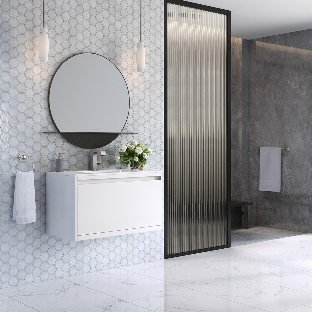 James Martin Mantova 35.4&quot; Single Mounted Bathroom Vanity in Glossy White with 2 cm Glossy White Solid Surface Top and Rectangular Sink, , large