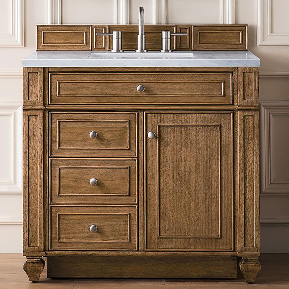 James Martin Vanities Bristol 36&quot; Single Bathroom Vanity in Saddle Brown with 3 cm Carrara White Marble Top and Rectangular Sink, , large
