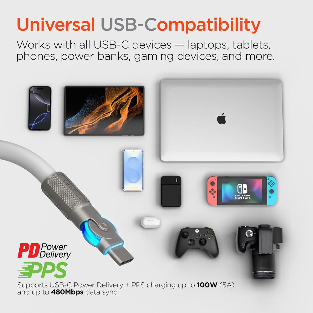 Hypercel Chunky 180 Degrees 12' USB-C to USB-C Cable in White, , large