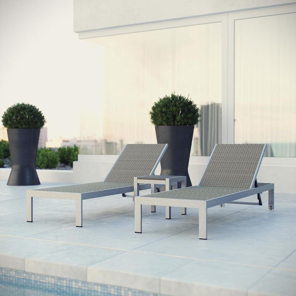 Modway Shore 3-Piece Outdoor Patio Aluminum Chaise Set in Silver and Gray Wicker, , large